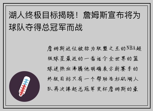 湖人终极目标揭晓！詹姆斯宣布将为球队夺得总冠军而战