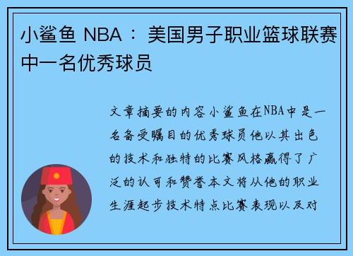 小鲨鱼 NBA ：美国男子职业篮球联赛中一名优秀球员